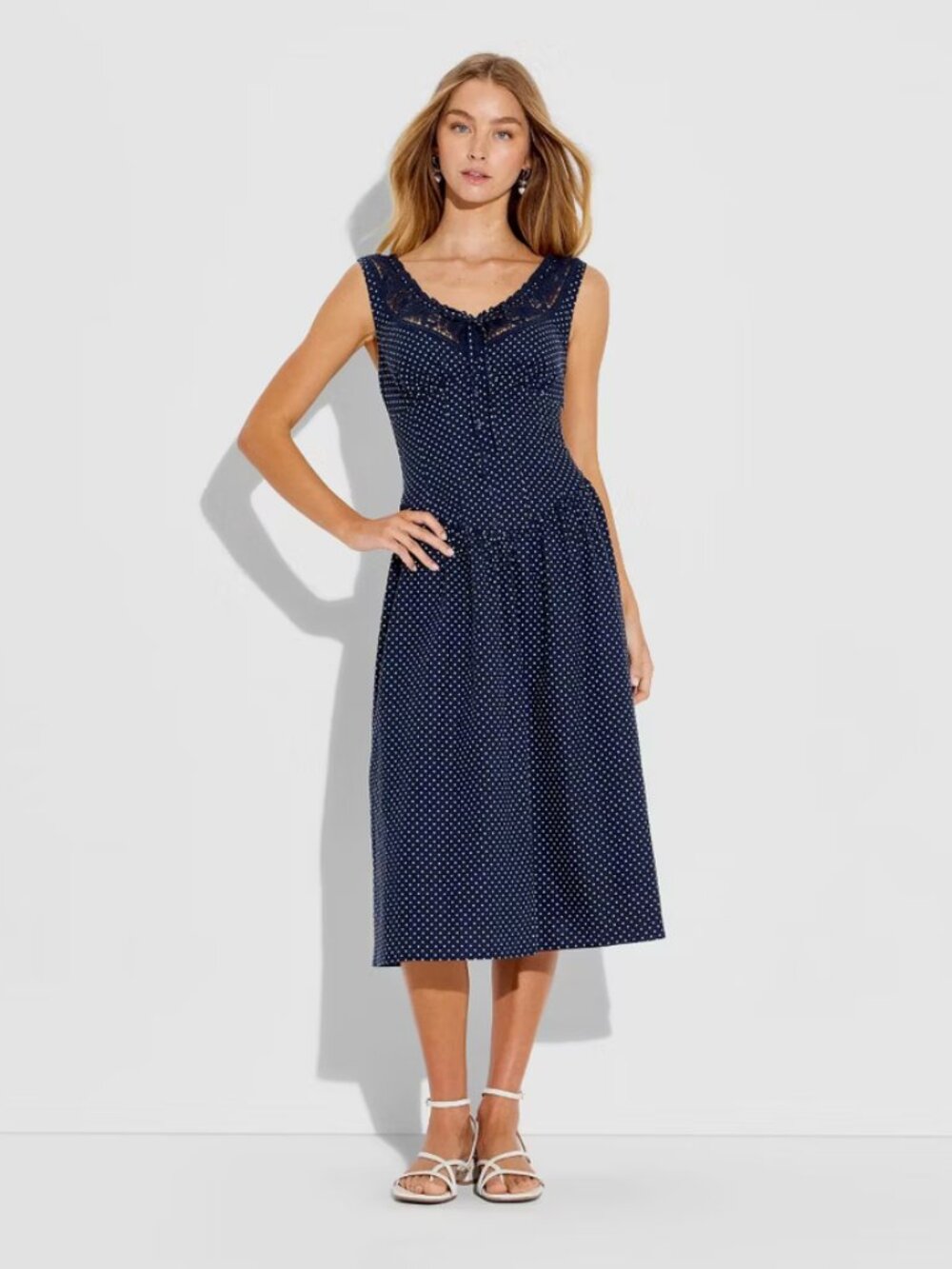 Women's Button-Front Lace Midi Dress - Wild Fable Navy Blue Polka Dots M